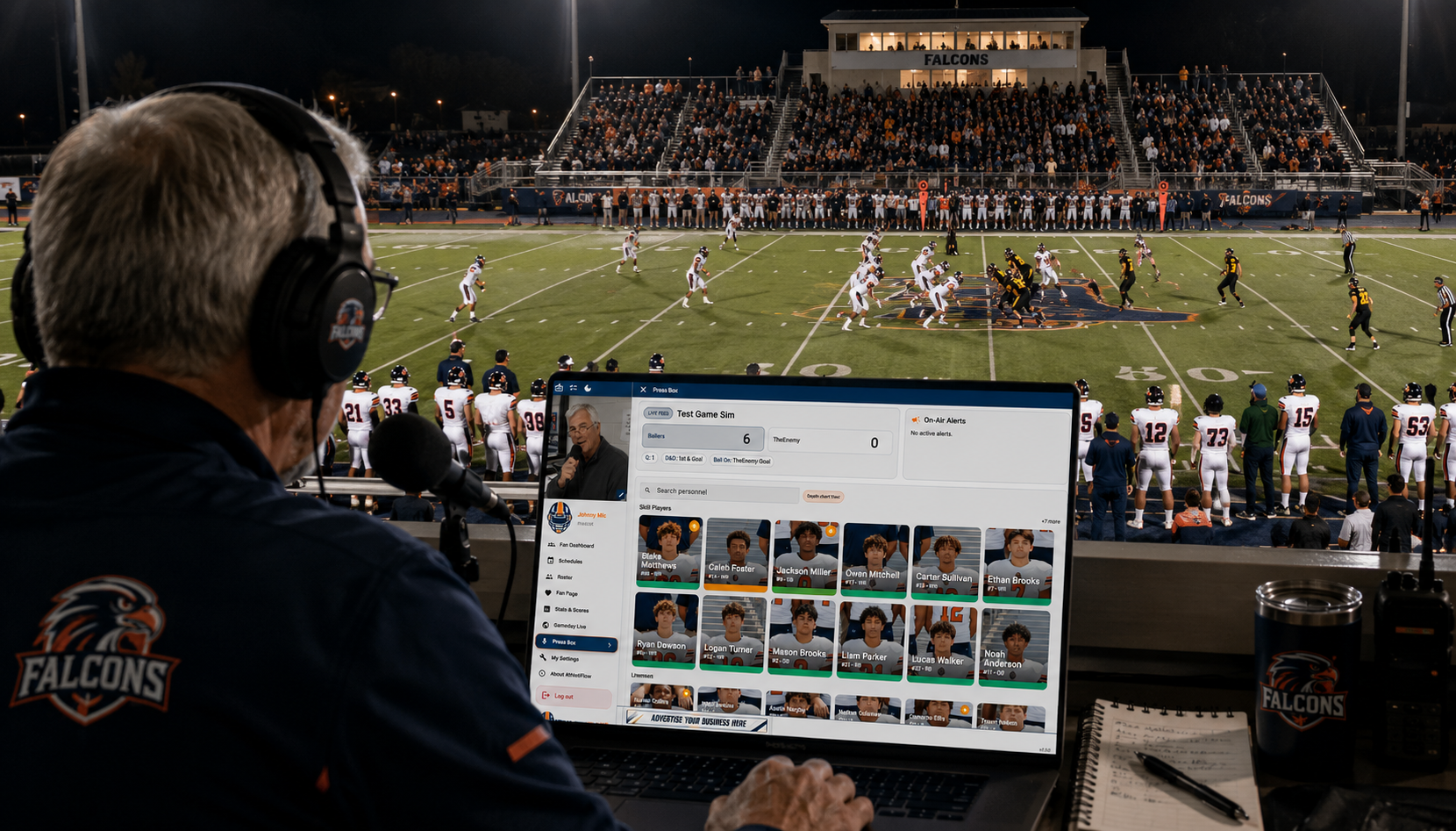 Football press box and game night communication